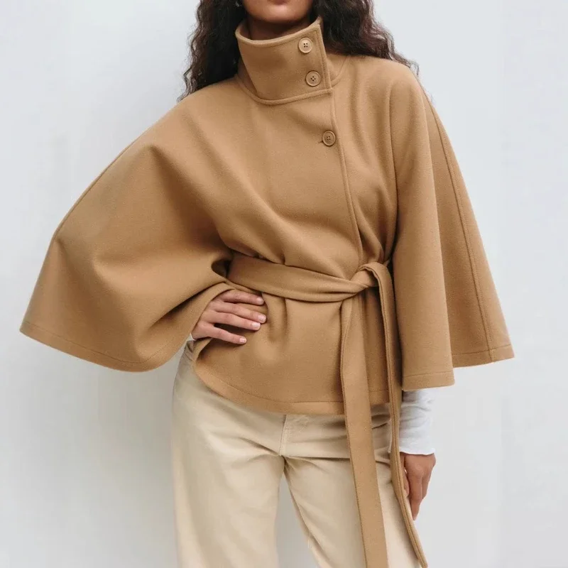 Women's Fashion Long Batwing Sleeve Solid Single Breasted Cape Coat Autumn Winter Outfits Stand Collar Lace Up blend fiber Coat