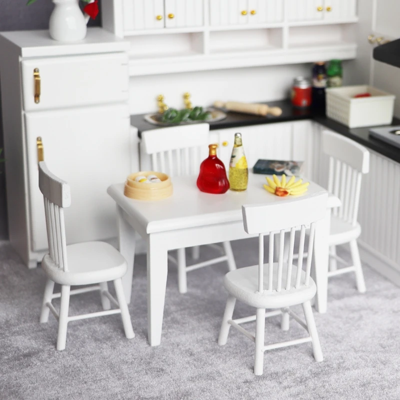 Zhexitoy 1/12 Dollhouse Miniature Furniture White Wooden Dining Table Chairs Model Toys Mini Doll House Decor Table Toys