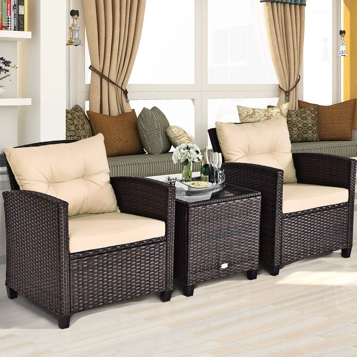 

PE Rattan Wicker Outdoor Sofa Set w/Washable Cushion and Tempered Glass Tabletop, Conversation Furniture