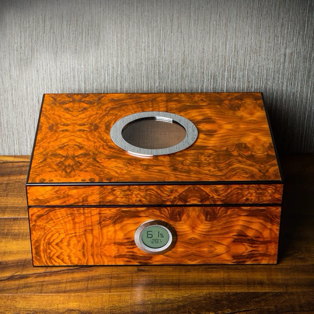 Circular Hole Glass Transparent Window Cigar Box, Cedar Wood Electronic Temperature And Humidity Meter Cigar Box.