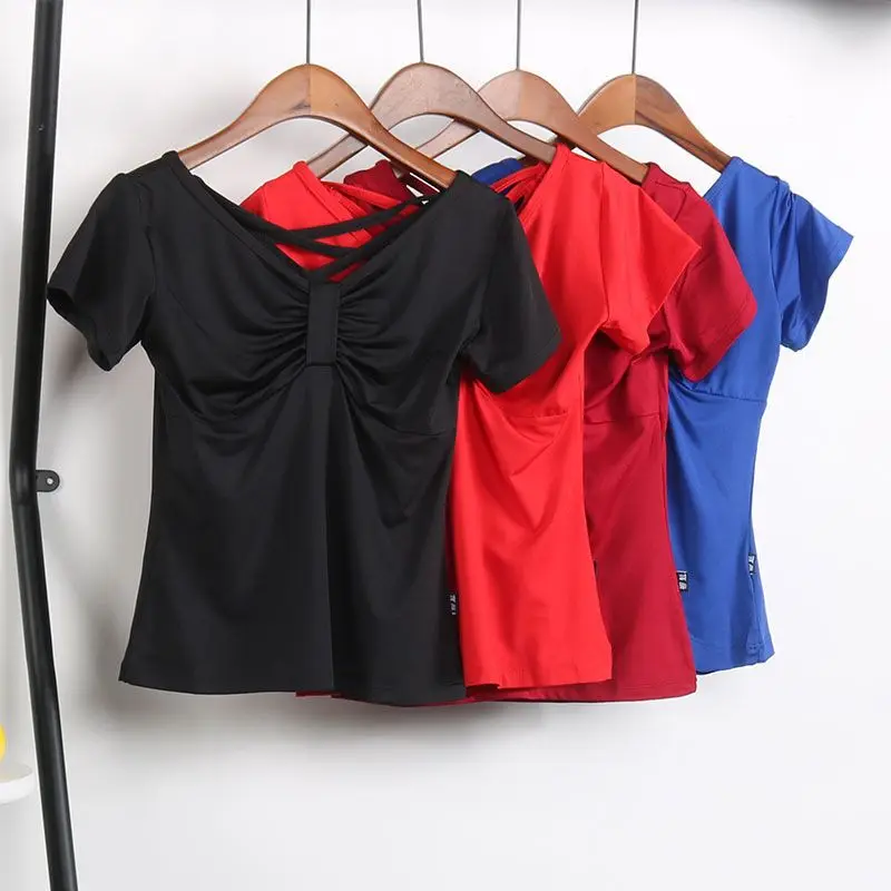 Fashion V-Neck Folds Spliced Backless Blouses Women's Clothing 2025 Summer New Slim Short Sleeve Korean Tops Sweet Shirts