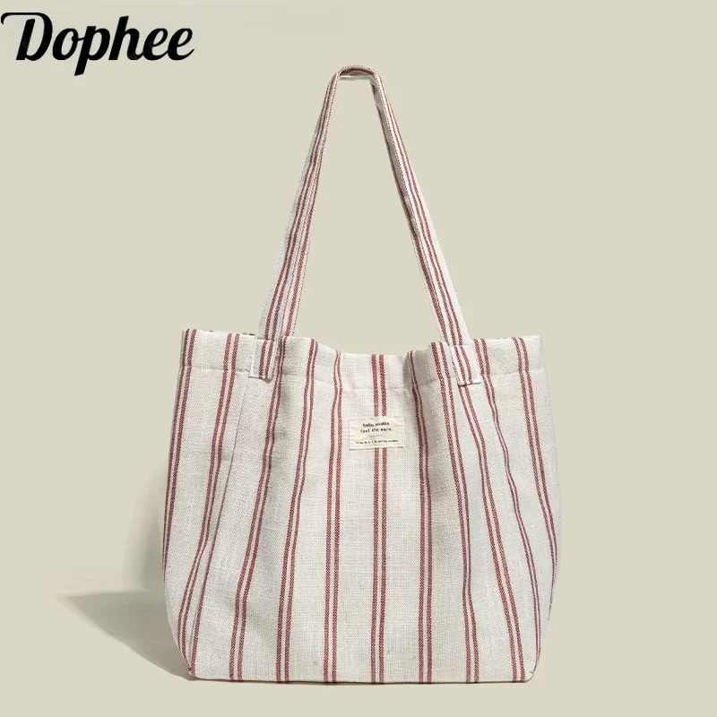 Dophee Korea Stripes Women Tote Bag 2024 New Summer All-match Casual High-capacity Casual Shoulder Bag Canvas Handbag Shopping