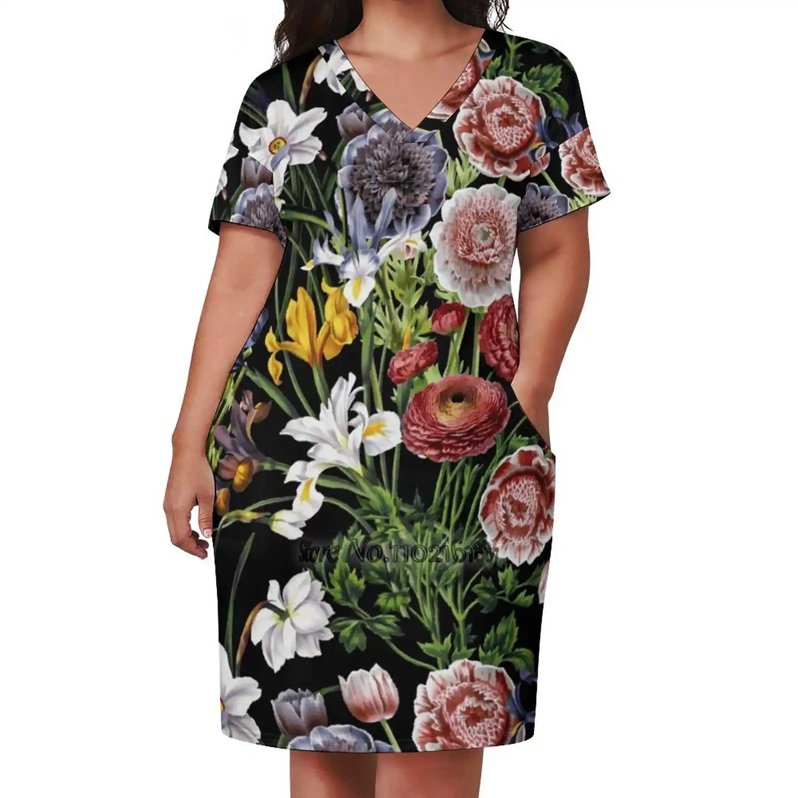 Flower Pattern On Black Sexy V-Neck Dress Fashion Casual Printed High Quality Short Sleeve Skirt 5Xl Blossom Spring Flower