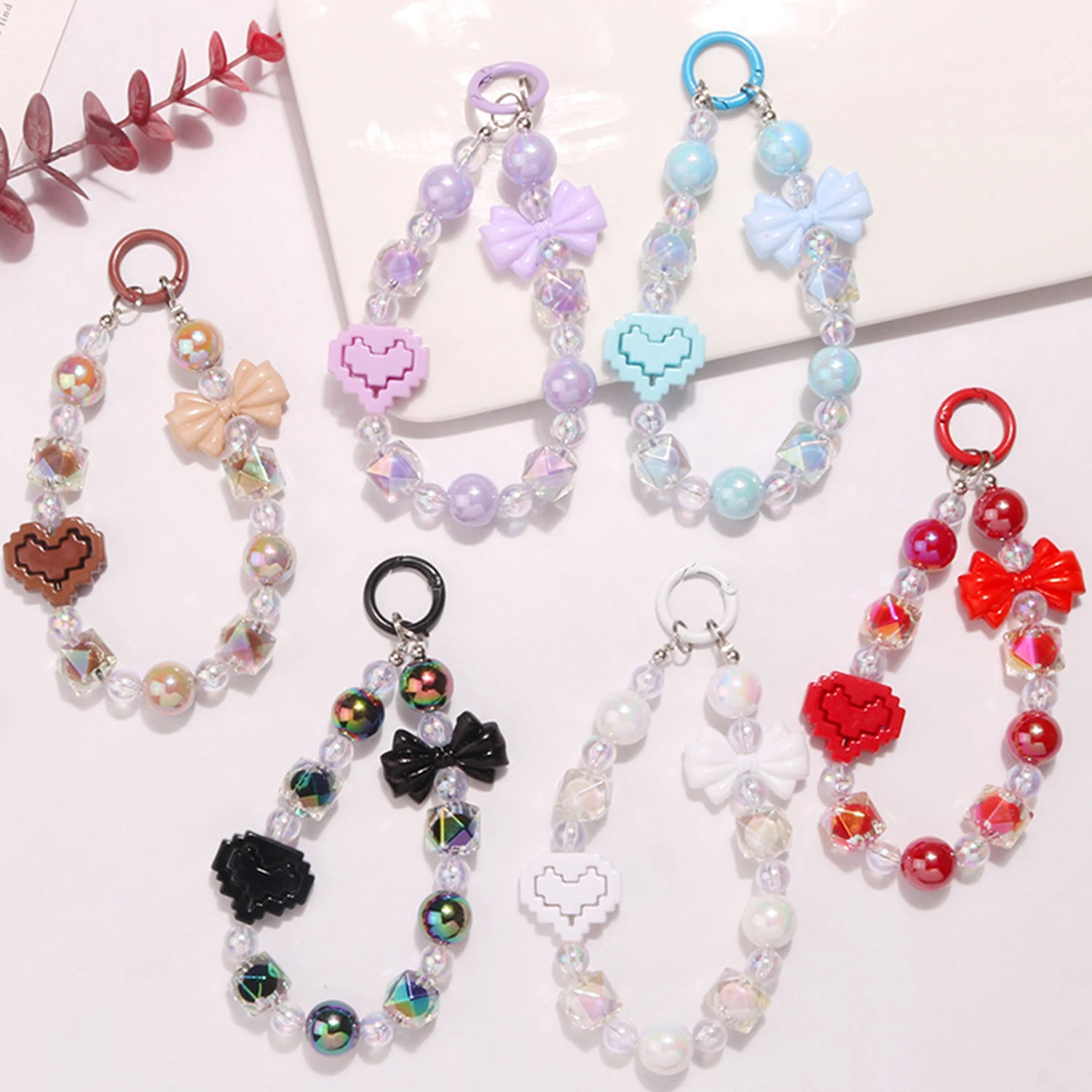 Cute Butterfly Heart Keychains For Women Sweet Acrylic Colorful Beaded Keyring Bag Decoration Earphone Case Pendant Accessories