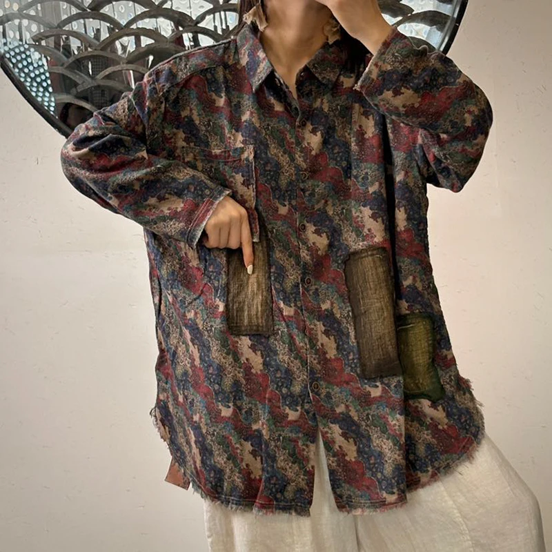 Masss Wasss Autumn Fashion Floral Tops Womens Vintage Classic Printed Patchwork Shirts Ladies Casual Streetwear Cotton Blouses
