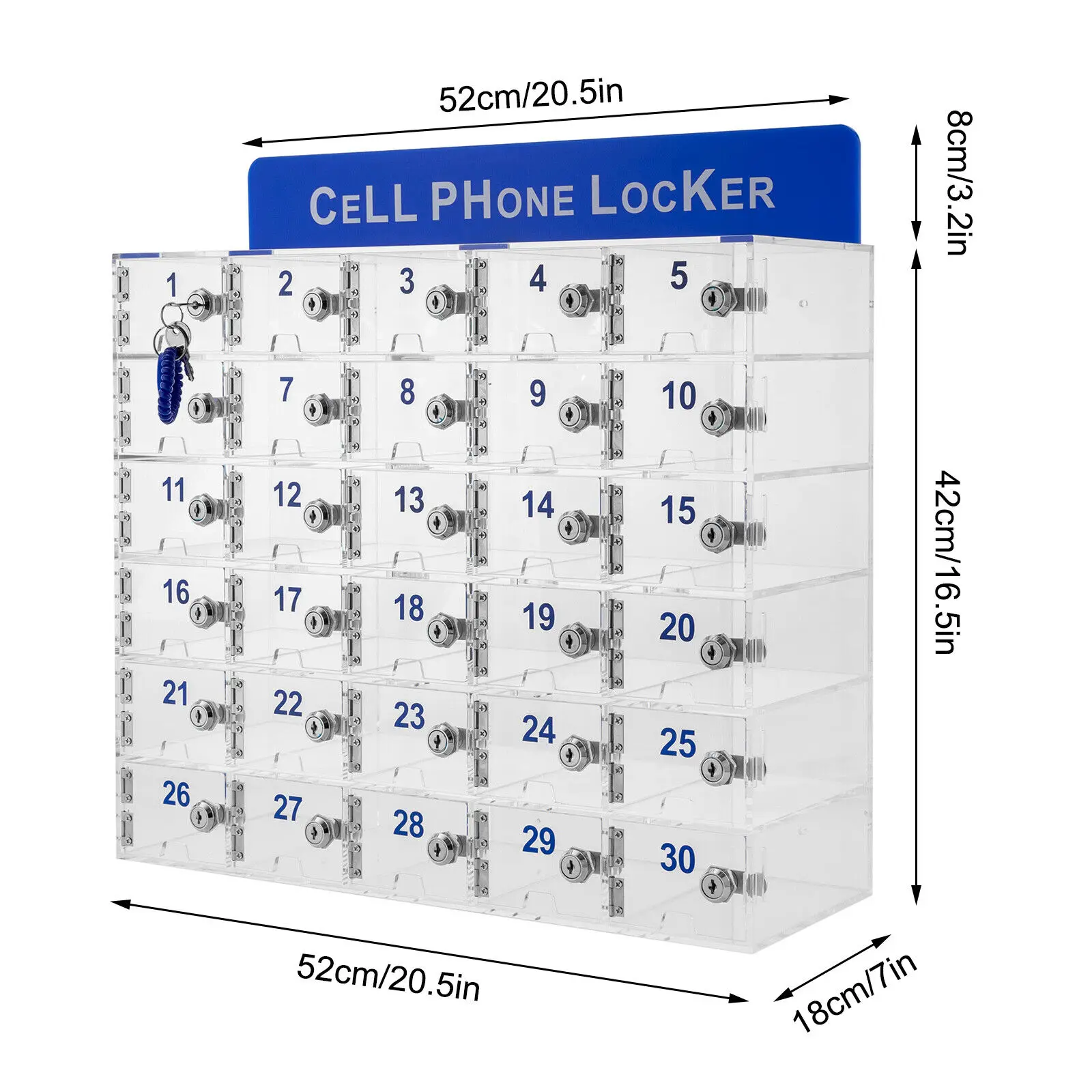 30 Slots Acrylic Cell Phone Locker with Charging Slot, Phones Storage Cabinet with Door Locks Keys for Office Classroom