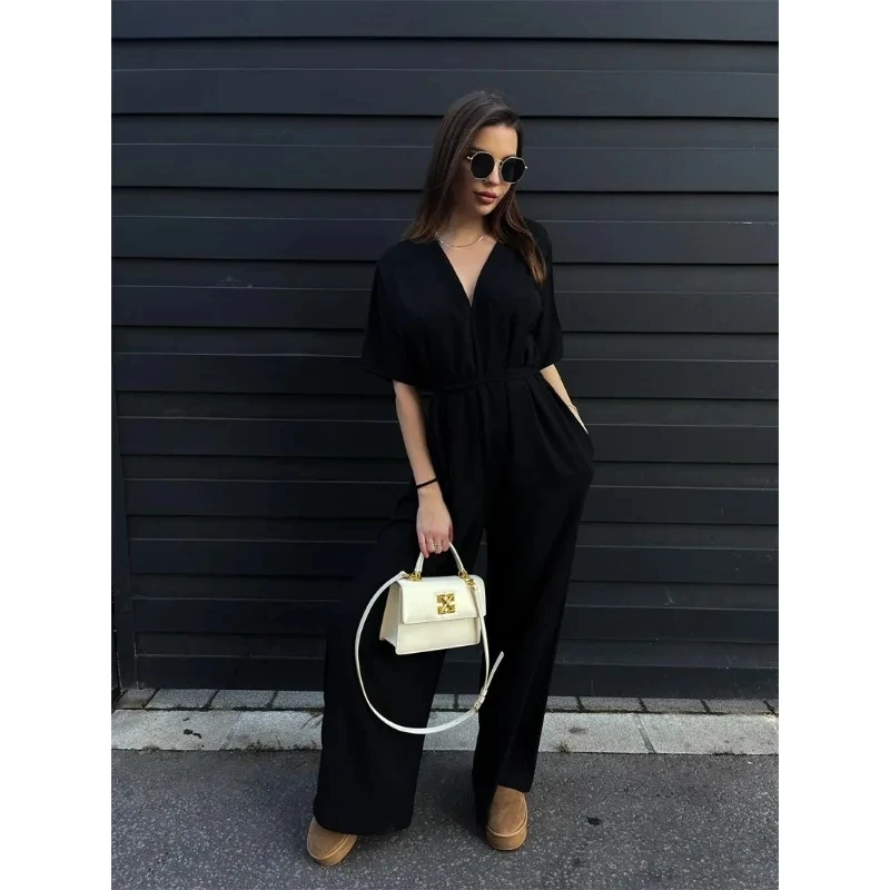 

Women's Jumpsuit Solid Color Lace Up Waistband Deep V-neck Casual Jumpsuit Wide Leg Pants Fashionable New Style