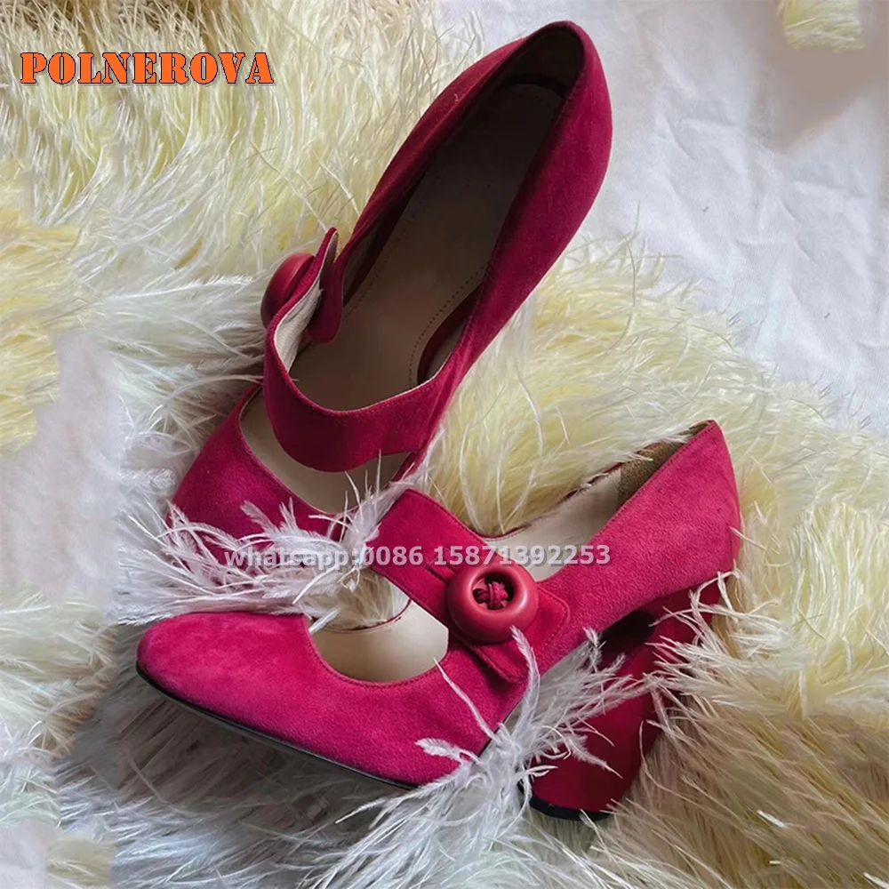 

Magenta Button Decor Mary Janes Square Toe Strange Style Shallow Buckle Strap Solid Sweet Pumps Hollow Out Sexy 2024 Trend Shoes