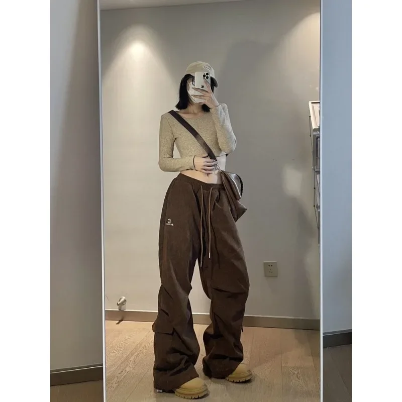 QWEEK Y2k Vintage Corduroy Cargo Pants Women Parachute Baggy Oversize Sweatpants Korean Fashion Sports Causal Trousers Aesthetic