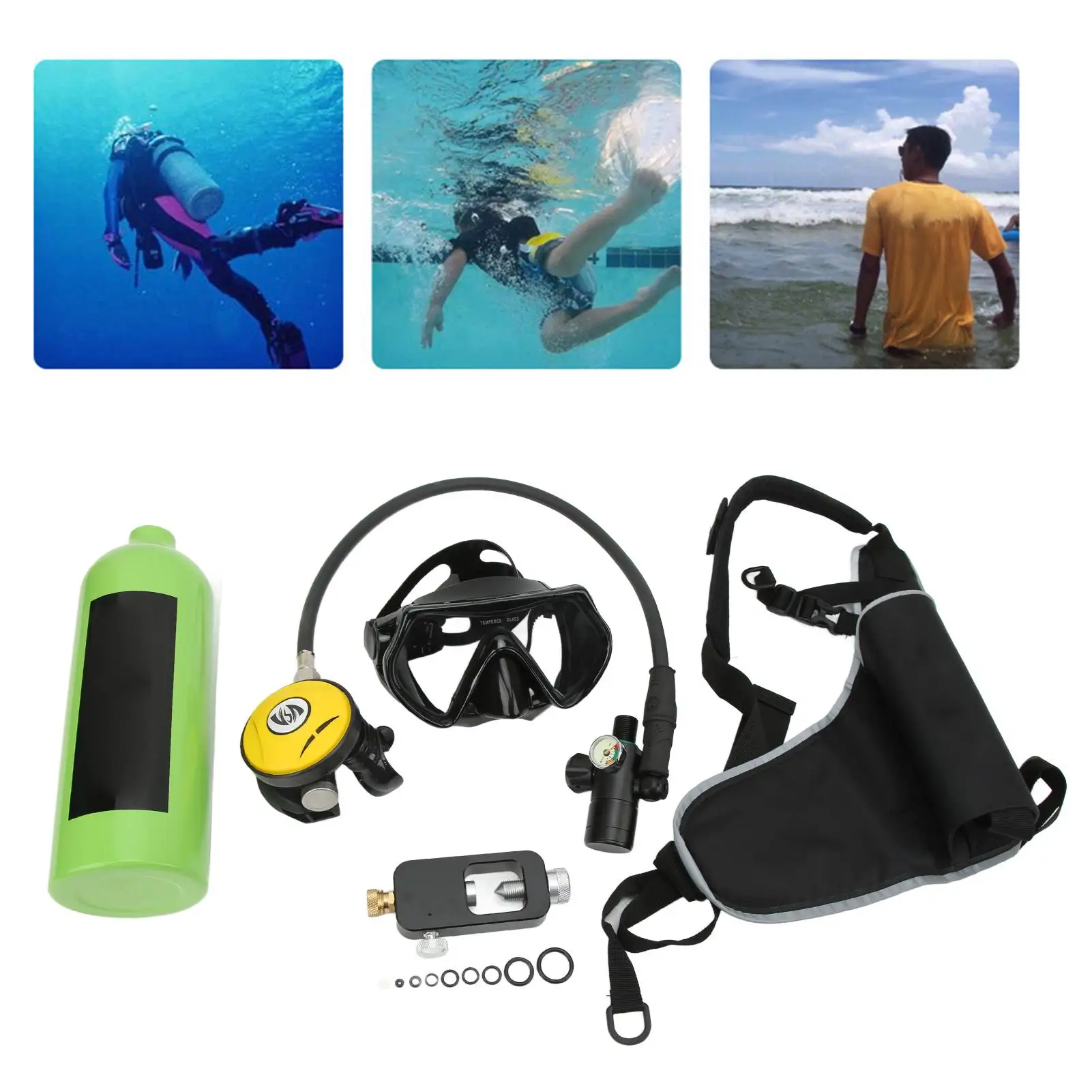 Mini tanque de buceo de 1l con gafas, Correa y Bolsa, Kit de respiración subacuática para buzos, Verde