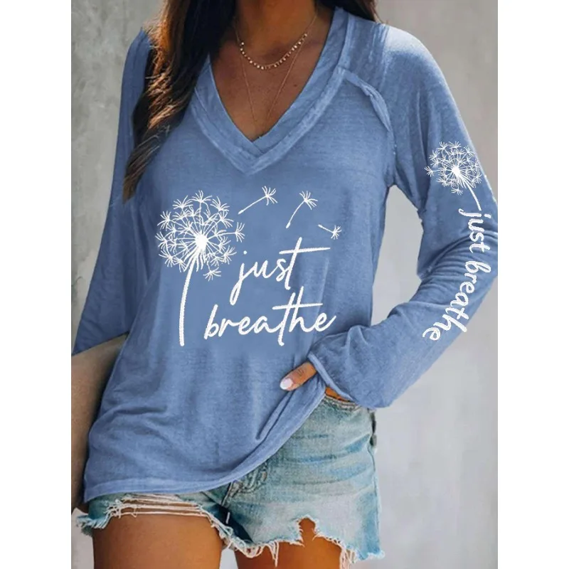 ilstile Women's Just Breathe Print T-Shirts Summer Autumn Casual Loose T Shirt Long Sleeve V Neck Tops NEW