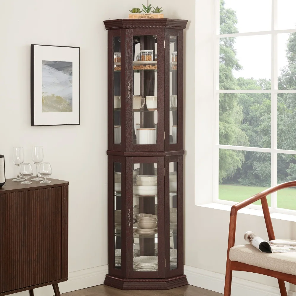 Lighted Corner Curio Cabinet with Tempered Glass Doors, Wooden Corner Display Cabinet, Bar Storage Cabinet with Adjustable Glass Shelves, Bead Bulb Included