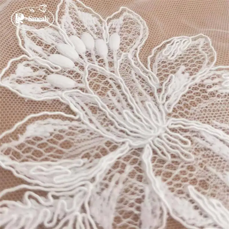 Neuer Rand bestickter Spitzenstoff, große Blumen, Blätter, Hochzeitskleid, Brautschleier, DIY Nähen, Stickerei, Stoff RS250871 – Detail 4