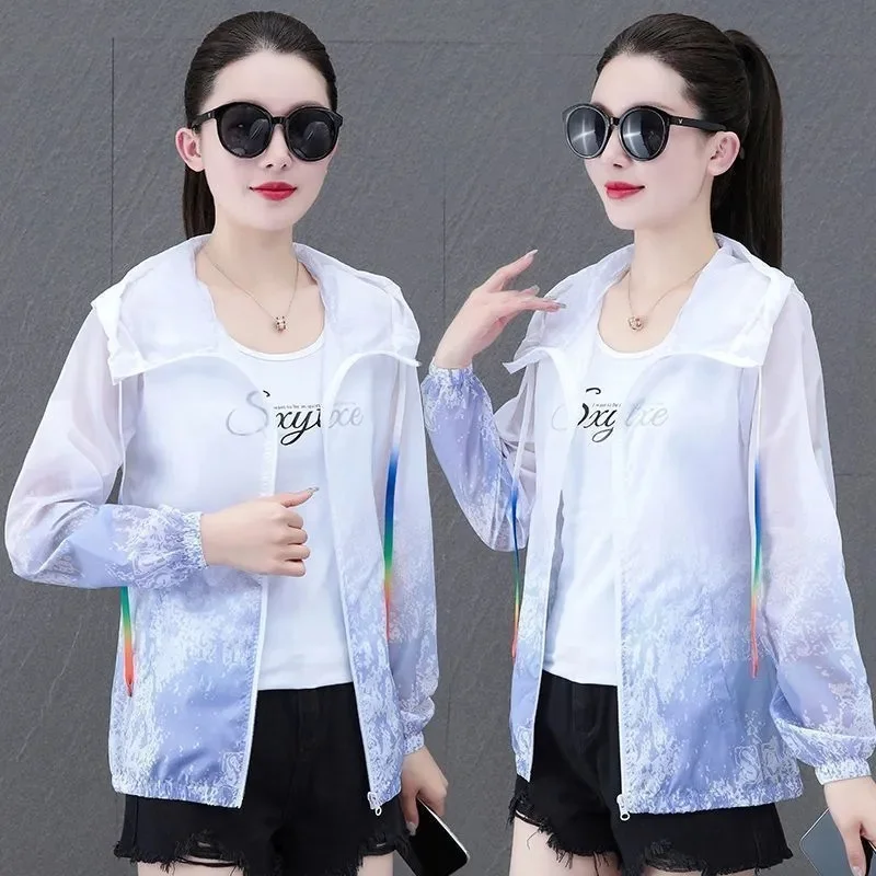 

Ice Silk Sunscreens Coats Women 2025 Summer New Hooded Sun Protection Clothing Jacket Outwear UV Large Size 5XL Overwear Female