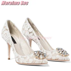 Luxury Lace Crystal Flower Pumps Shallow Stiletto High Heels Slip On Sexy Fashion Women's Dress Shoes Banquet Party White 2025