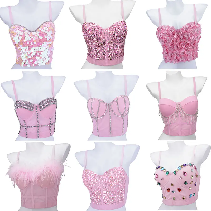 Różowe crop topy z cekinami, seksowne topy typu tank, bustiery, nowość 2026, estetyka Y2K, słodkie, urocze, fairycore, na imprezę, streetwear, damskie gorsety, topy na ramiączkach.