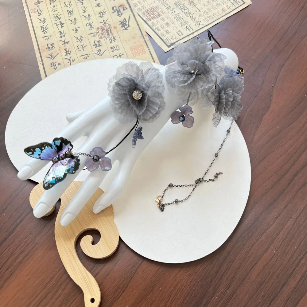 Gelang Vintage Cina Baru Warna Abu-abu Bermotif Bunga untuk Hanfu, Gelang Oriental yang Dapat Disesuaikan, Gaya Bohemian