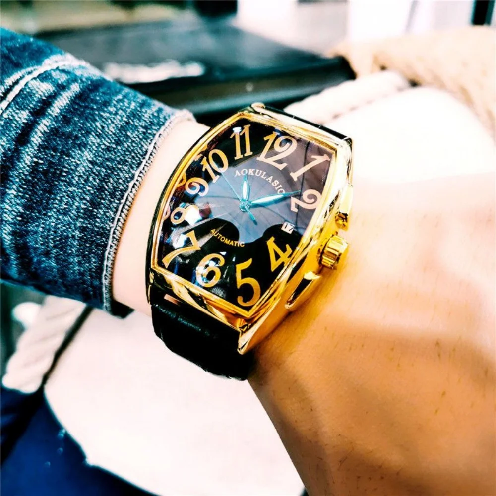 Luxurious Men's Mechanical Watch with Barrel-Shaped Case and Hollow Leather Strap, Stylish Wristwatch for Young Men, High-Value Cool and Trendy Best-Selling Men's Watch, Popular Gift Choice, High Cost-Performance Durable and Accurate Mechanical Watch