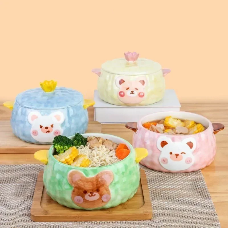 

Hand-painted cartoon cute three-dimensional bear creative ceramic noodle bowl with lid household large capacity soup bowl