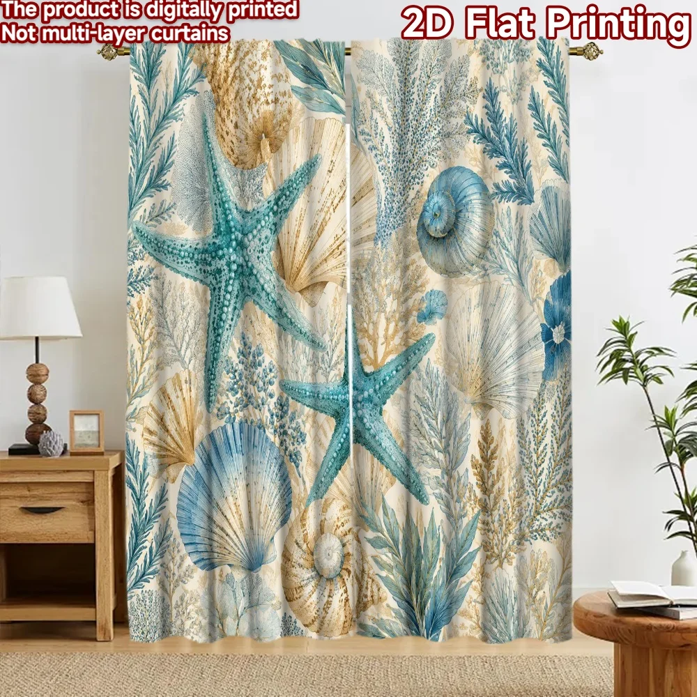 2D flat 2pcs Curtain Modern Minimalist Style Curtains Coastal Starfish Shells Digitally printed polyester Festive Wall Decor