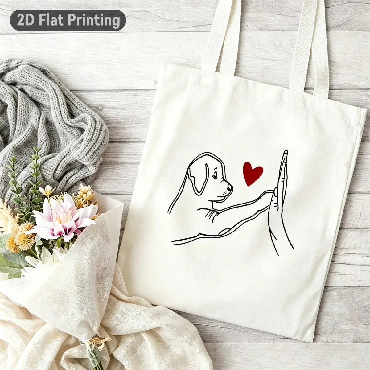 2D Flat 1pc Minimalist Line Art Dog High Five Durable Tote Bag, Duplex Prints Cute Puppy Hand Heart Reusable Bag, Ideal for Groc