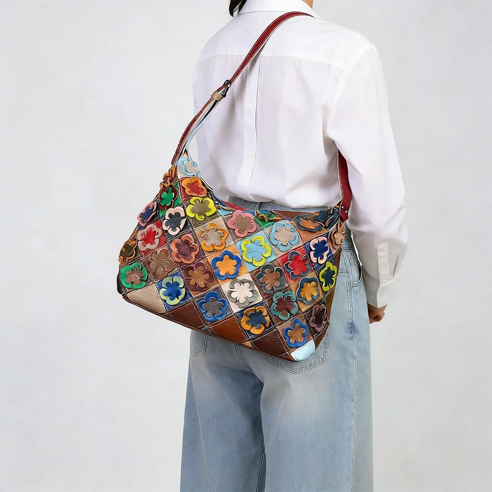Original Aesthetic Ethnic Retro Genuine Leather Women's Bag Color Block Argyle Floral Shoulder Crossbody Top Handle Bag Ladies