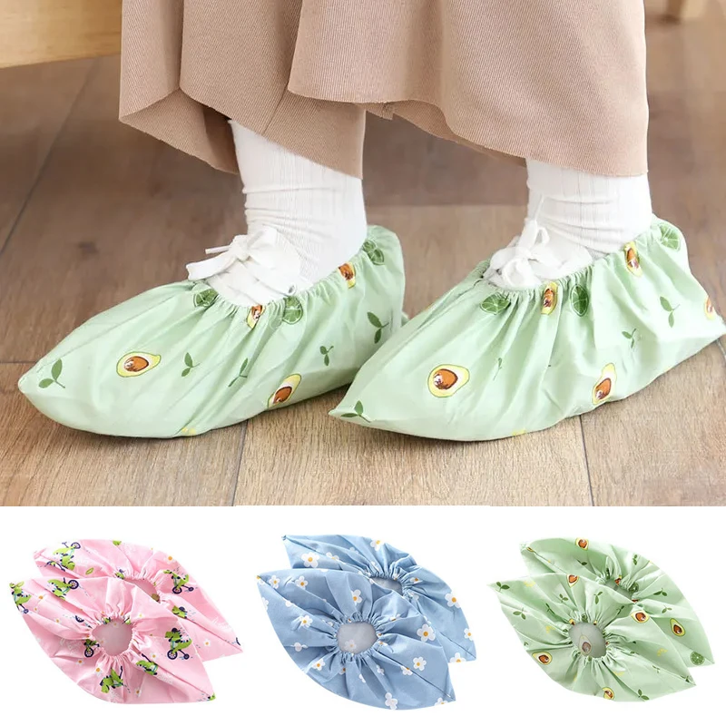 1Pair Cartoon Print Shoe Cover Thicken Reusable Elastic Dust Proof Feet Covers Reusable Indoor Antiskid Overshoes Men Women