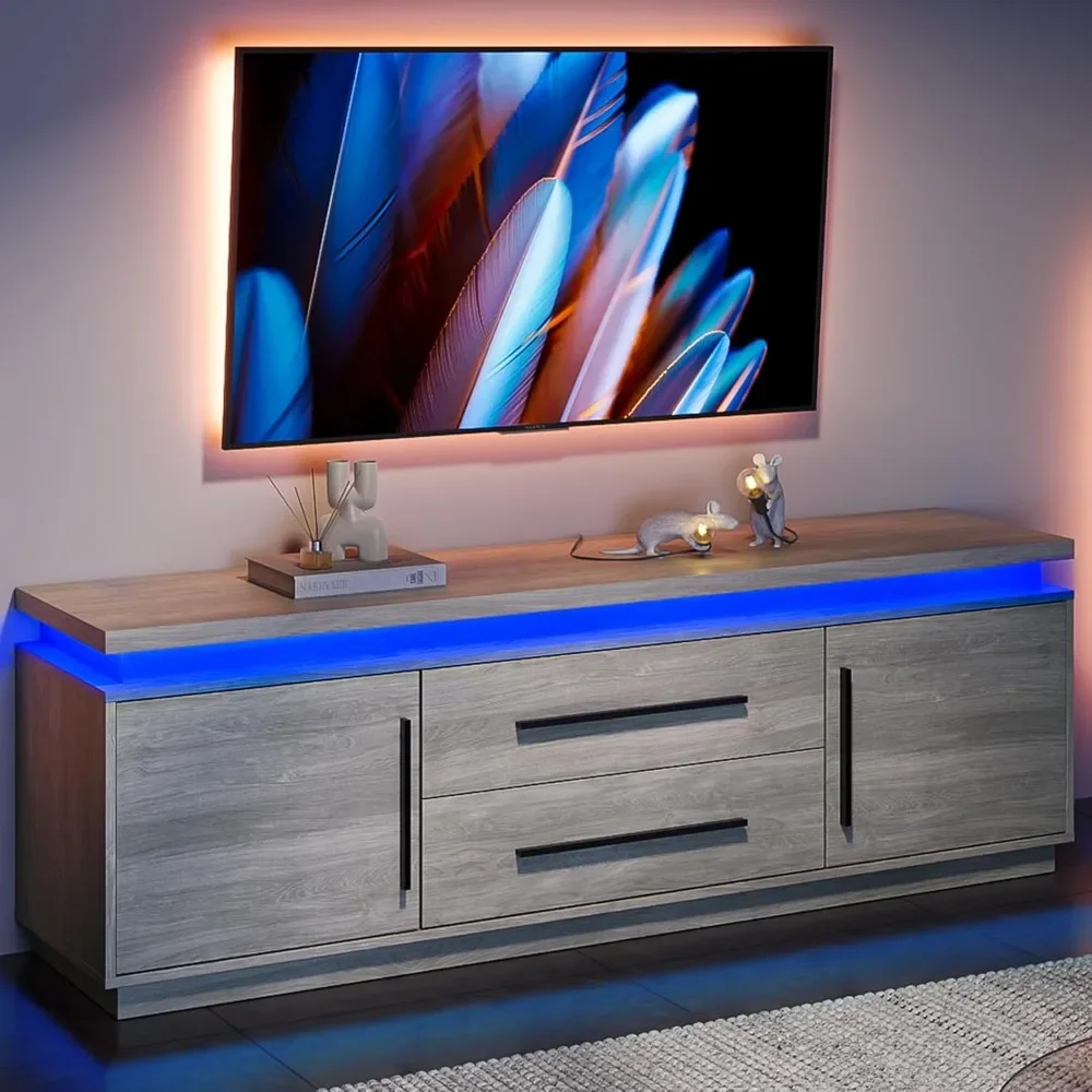 

67" TV Stand, Entertainment Center with LED Lights Change To Melody of Music, Media Console Table with Cabinets and Drawers