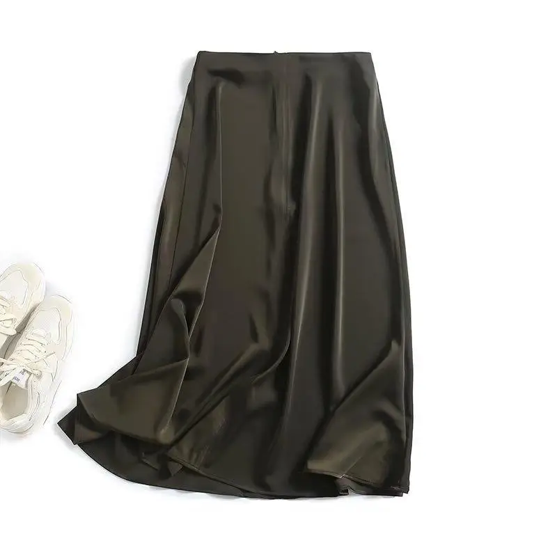 Maxdutti Minimalist Women's Skirt Southern France Elegant And Dark Green Satin Wide Swing Acetate Fiber Skirt Woman Clothes 2027