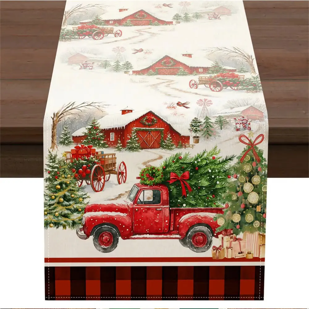 Linen Table Runner Poinsettia Berry Pine Floral Off White Christmas Table Decor  Kitchen Dining Holiday