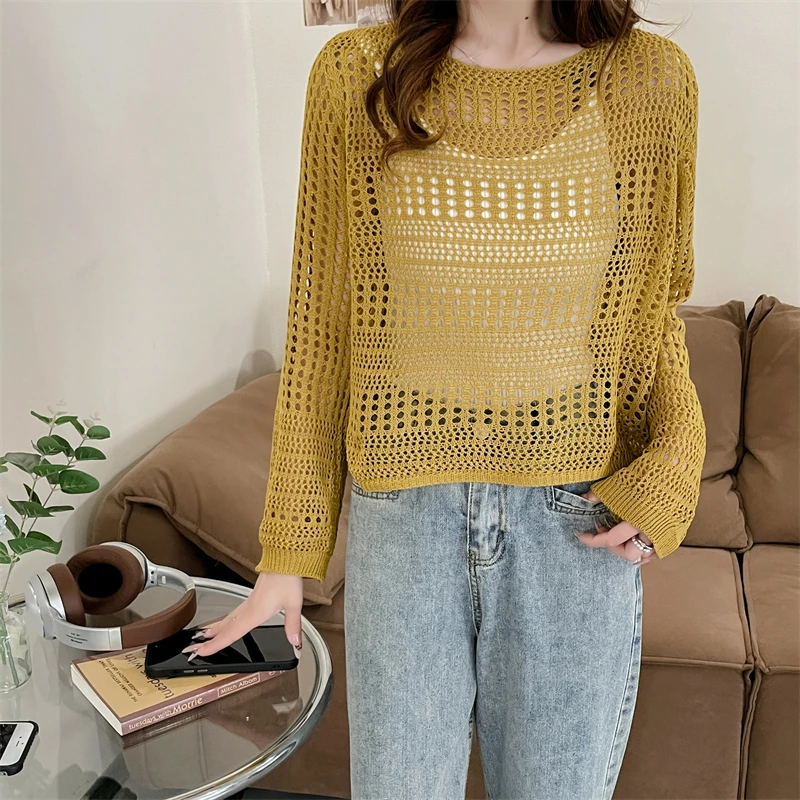 Sheer Mesh Top Women Fishnet Long Sleeve O-neck Pullover Open-Knit Crochet Top Laides Spring Summer Cover Up Casual Outfit