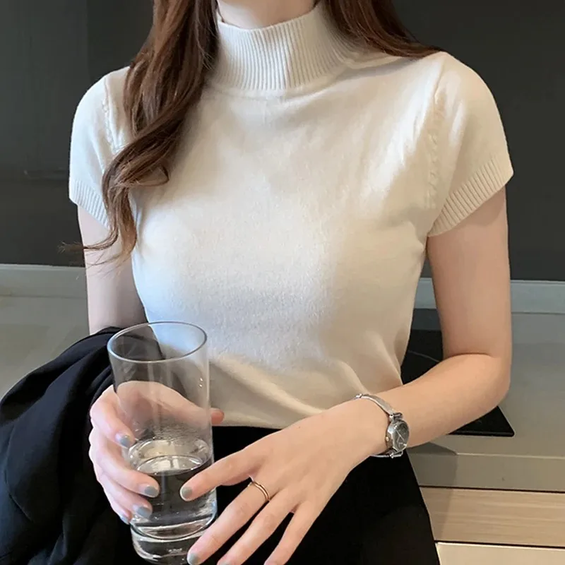 Korean Knitted Women Tops Mujer De Moda 2024 Casual Women Clothing  Summer Solid Slim Half High Collar Blouse Blusas 8622 50