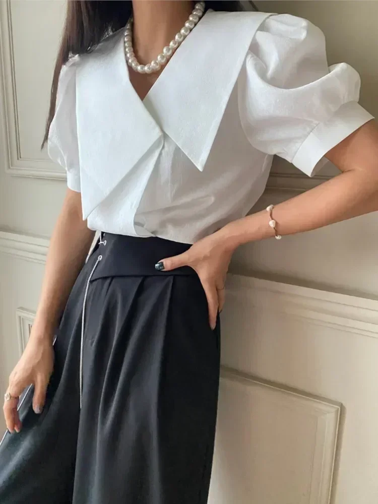 Lager Lapel Shirts & Blouses Korean Chic Irregular Ropa Mujer Puff Short Sleeve Blusas Elegant Camisas Summer 2024 New Tops