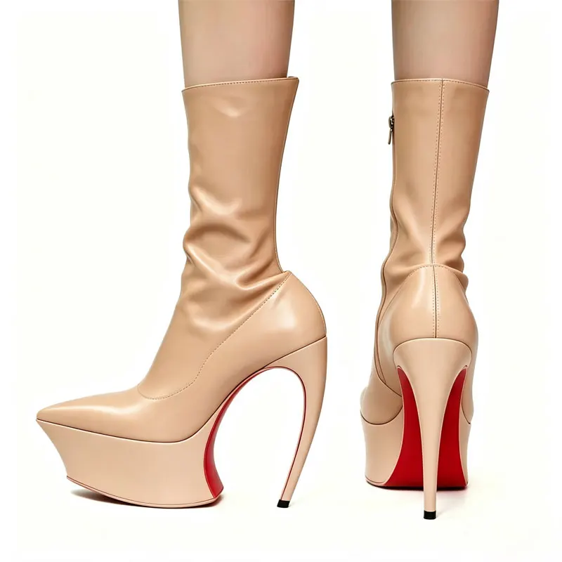 Ladies Sharp Point Toe Mid‑Calf Booties Hollow Sculpted Super High Heel Thick Platform Side Zipper Red Outsole Punk Party Show