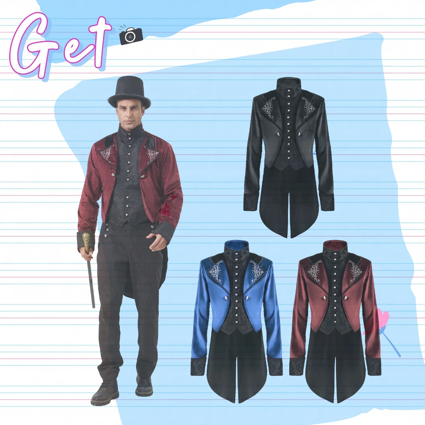 

Воротник-стойка, средневековое винтажное мужское пальто средней длины, внешняя торговля, костюм в стиле панк, одежда