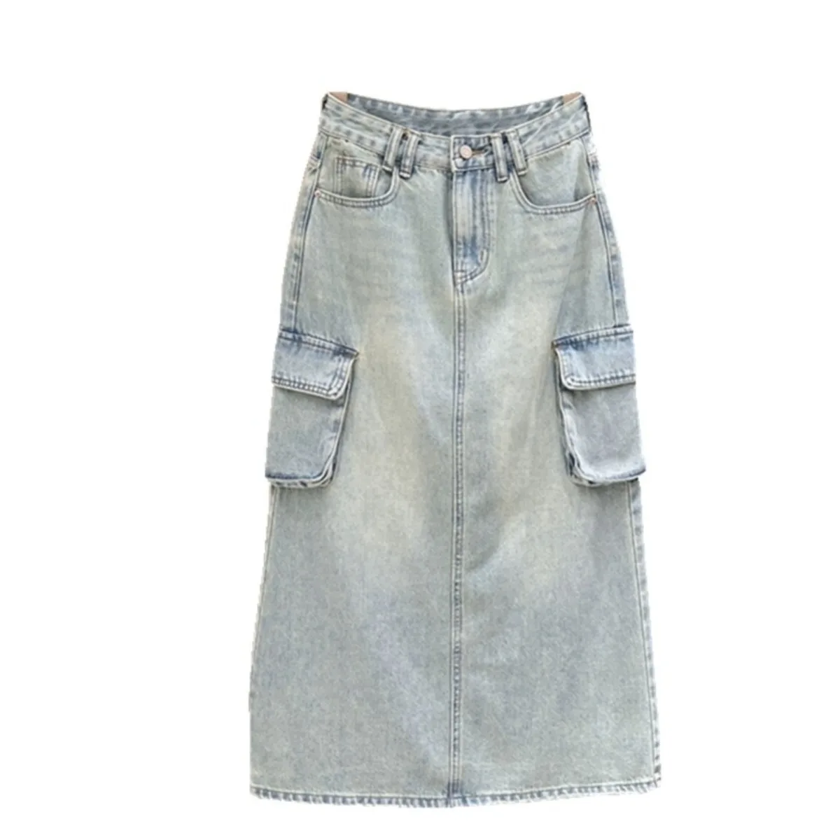 Temperamento donne blu Denim gonne estate Trendy a vita alta Multi-tasca gonne di media lunghezza fessura femminile a-line gonne vestiti