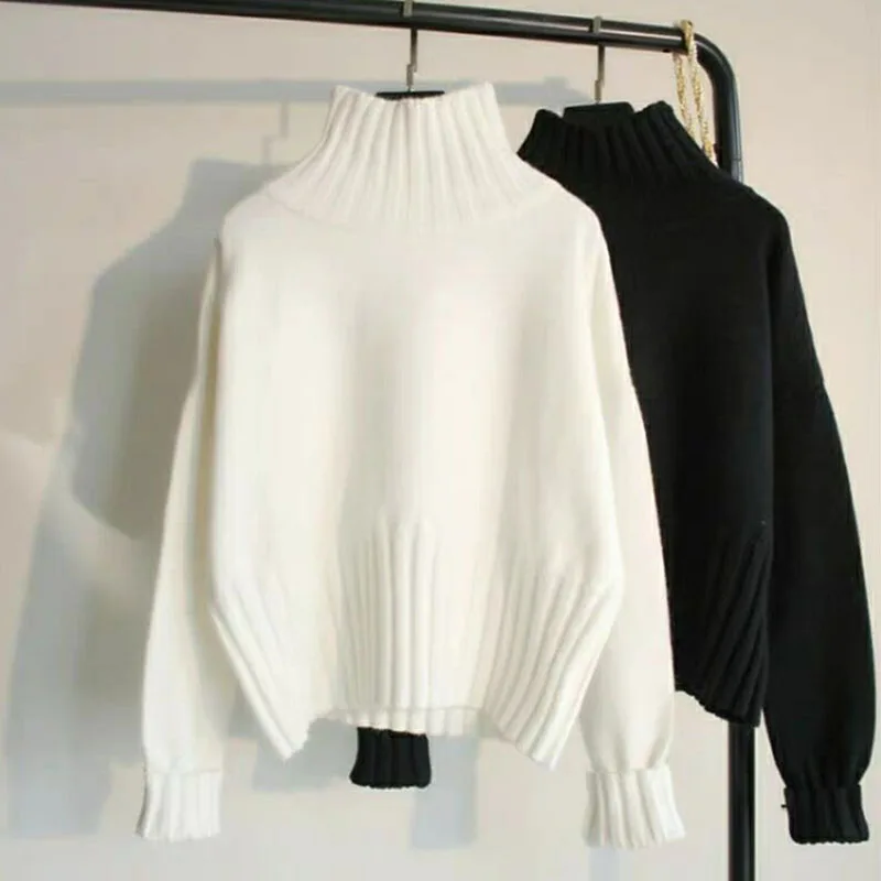 Lucyever Sweater rajut wanita, baju hangat Turtleneck lengan panjang hitam putih musim gugur musim dingin, tebal lembut longgar