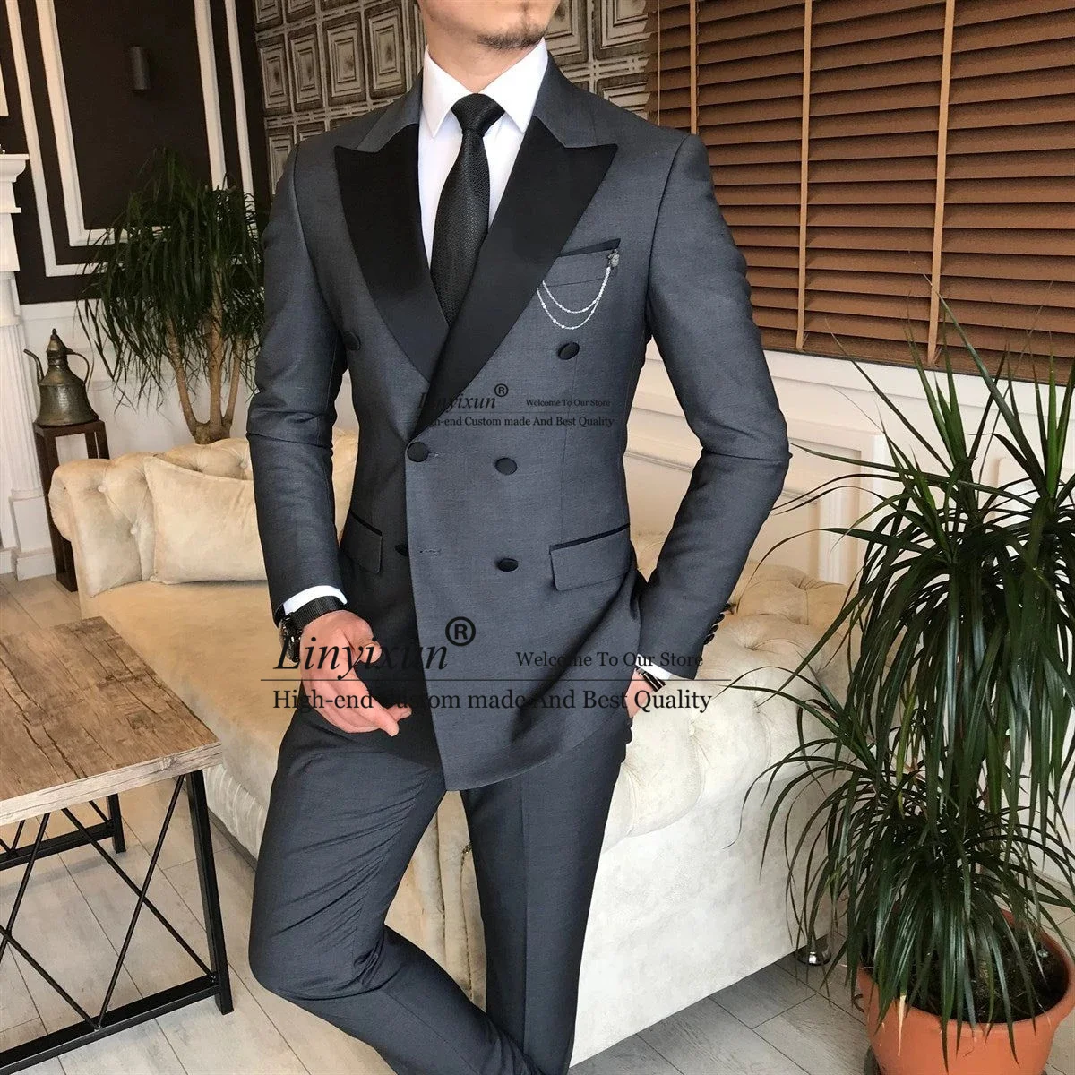 

Fashion Grey Double Breasted Men Suits Casual Business Male Outfits Slim Groom Wedding Tuxedo 2 Piece Blazer Pant Costume Homme