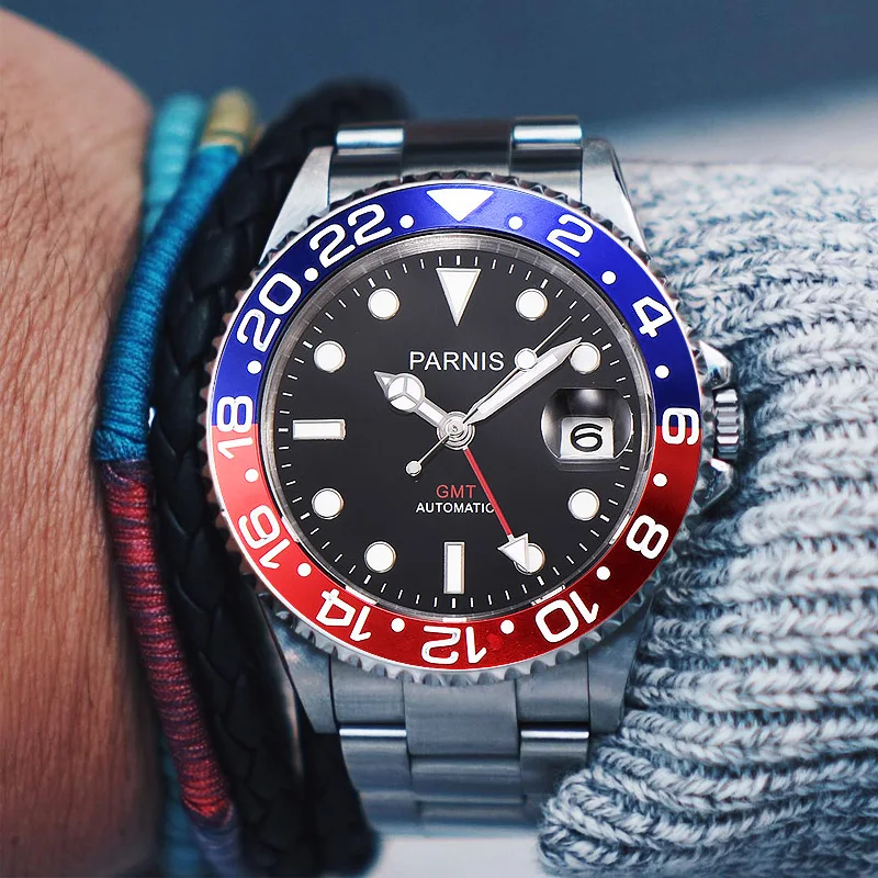 

Fashion Parnis 40mm Blue Red Bezel Men's Mechanical Watch Red GMT Sapphire Crystal Automatic Men Sports Wristwatch montre homme