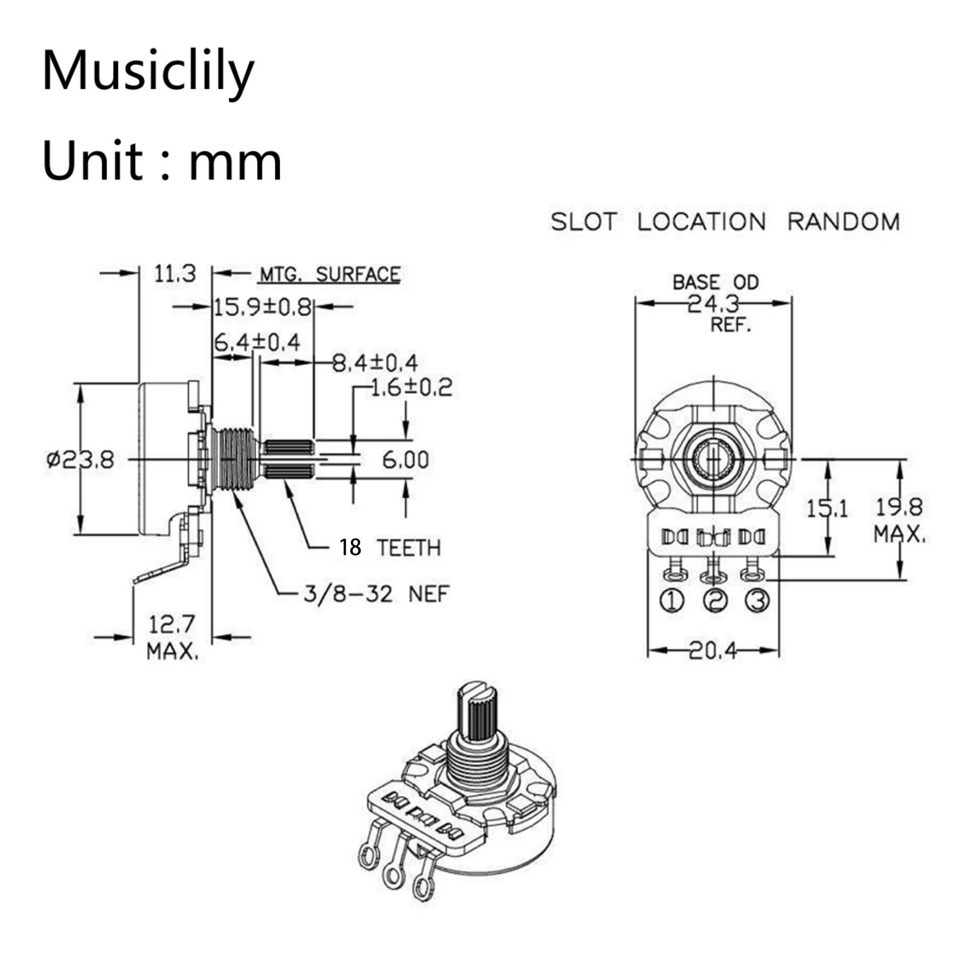 CTS 450G A250K Pot Metric Coarse 18-Spline Brass Short Split Shaft 1/4 Inch 10% Audio Taper Potentiometer for Guitar Bass