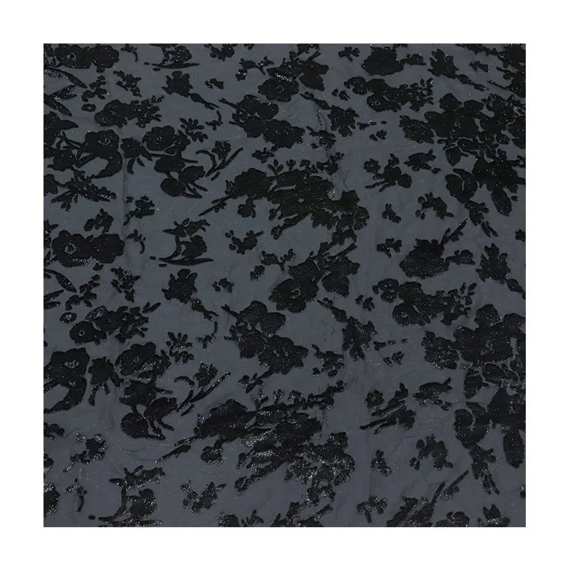 Tela brocada viscosa terciopelo poliéster-poliéster seda semibrillante arrugada flor y tela quemada para camisón falda cheongsam