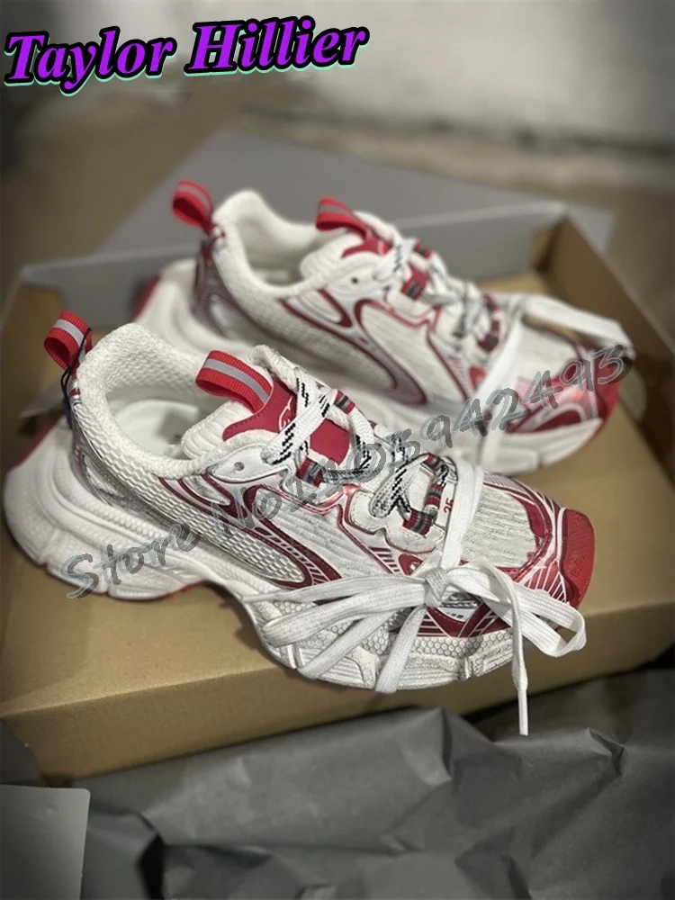 

White Breathable Sneakers Round Toe Mesh Women And Men Casual Shoes Lace Up Thick Sole Luxury Designer Shoe Mixed Color Fashion