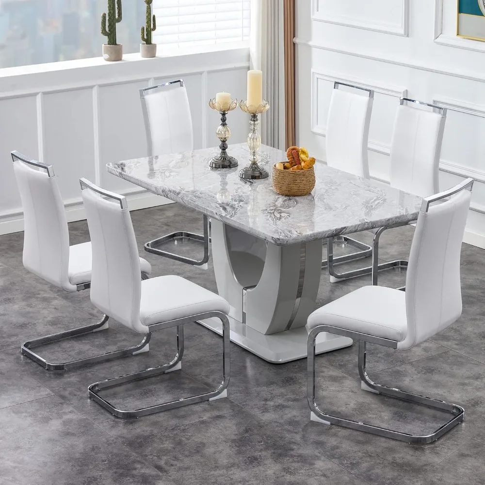 

63" 7-Piece Dining Table Set, Faux Marble Table with 6 White PU Leather Dining Chairs, Dining Table and Chairs Set