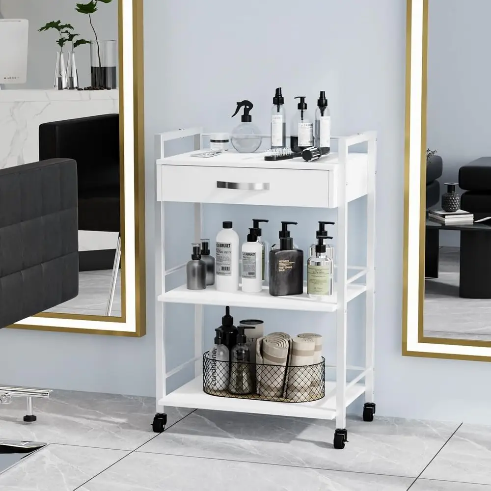 White Mobile Esthetician Cart with Drawer and 2 Trays for Beauty Spa, Massage, and Tattoo Tool Storage