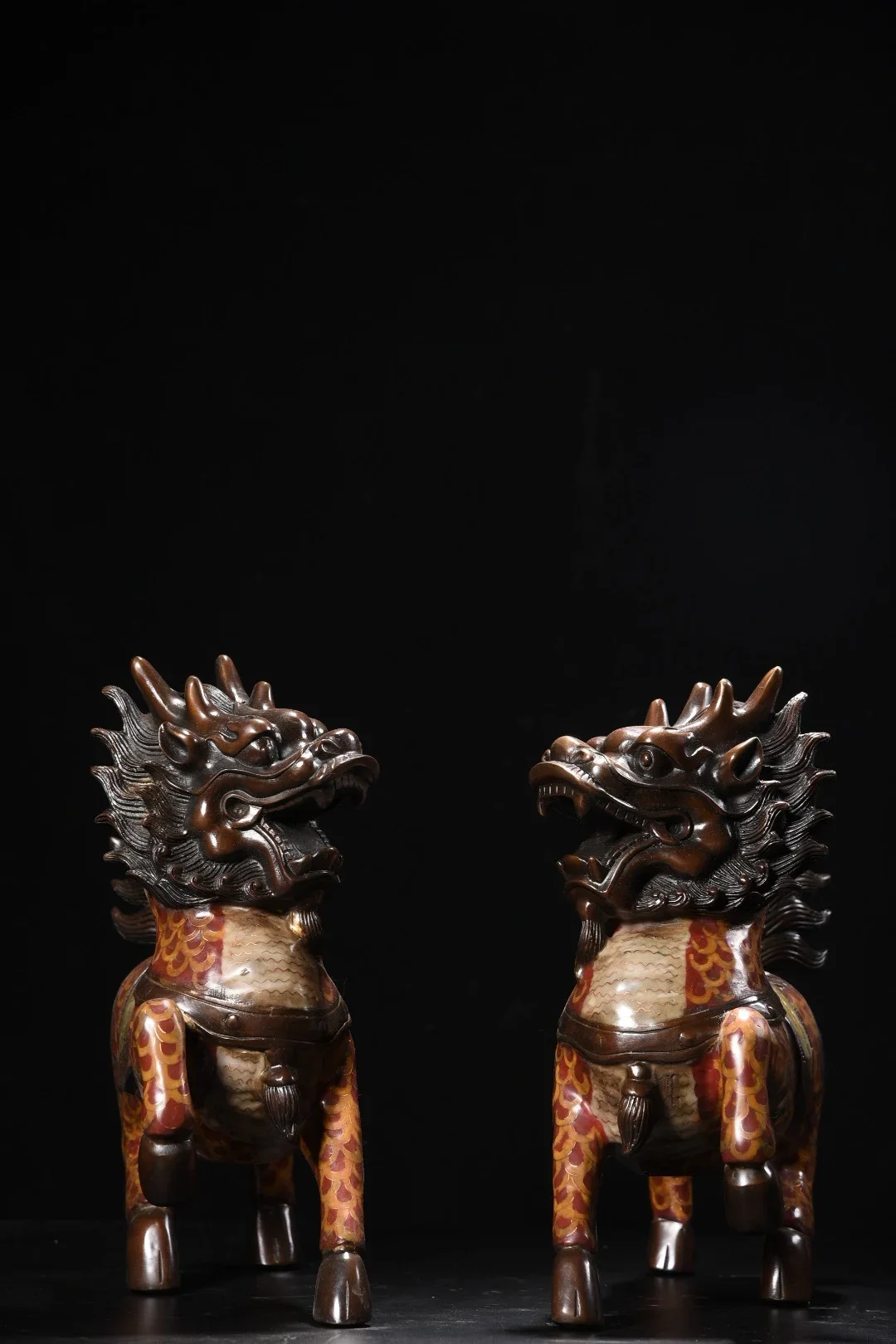 13"Nepalese folk Old  Bronze Cloisonne Enamel Kirin Divine Beast Statue A Pair Amass wealth Ornaments Town house
