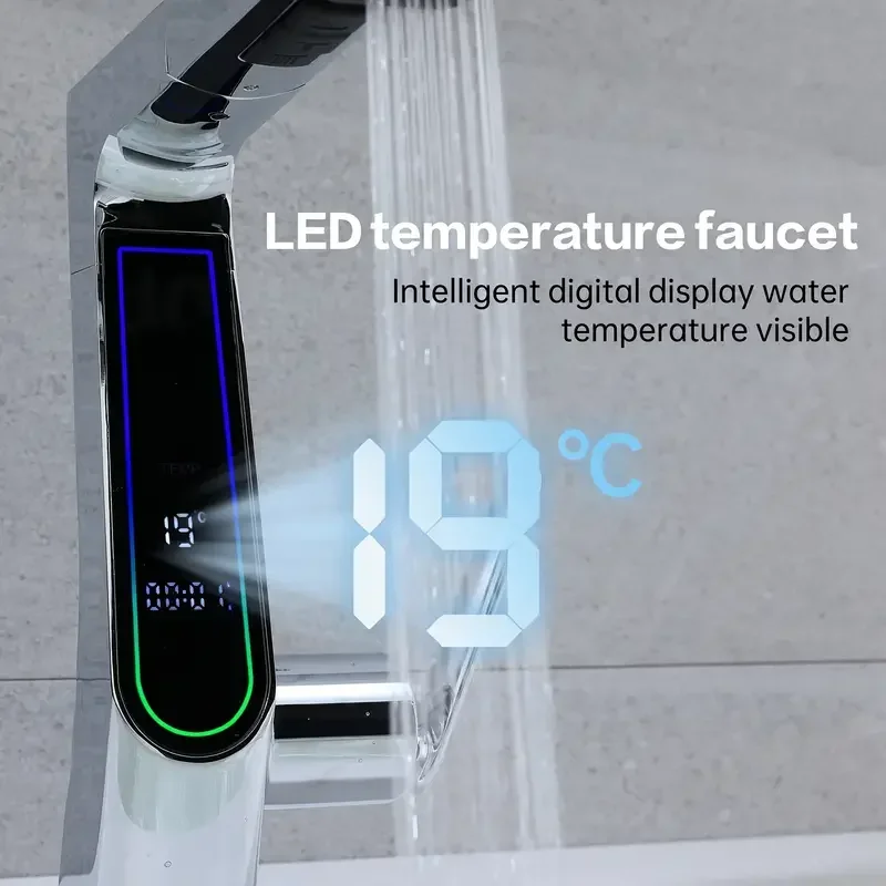 LED Digital Display Basin Faucet 3 Patterns Pull-Out Faucet Bathroom Hot and Cold Water Faucet Kitchen Sink Faucet