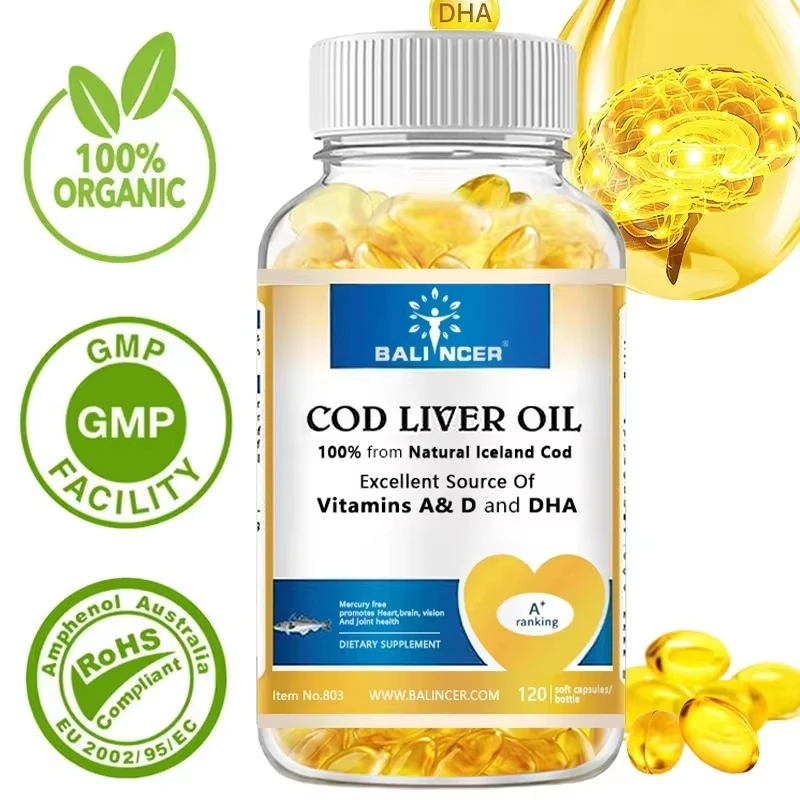 Cápsulas blandas de aceite de hígado de bacalao natural: ricas en Omega-3, EPA, DHA, vitamina A, D - Apoya la salud de corazón, cerebro, inmune, de las articulaciones y de los ojos