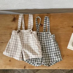 Salopette à carreaux en coton et lin pour bébé garçon et fille, short assressentipour tout-petit, pantalon court, mince et simple, été