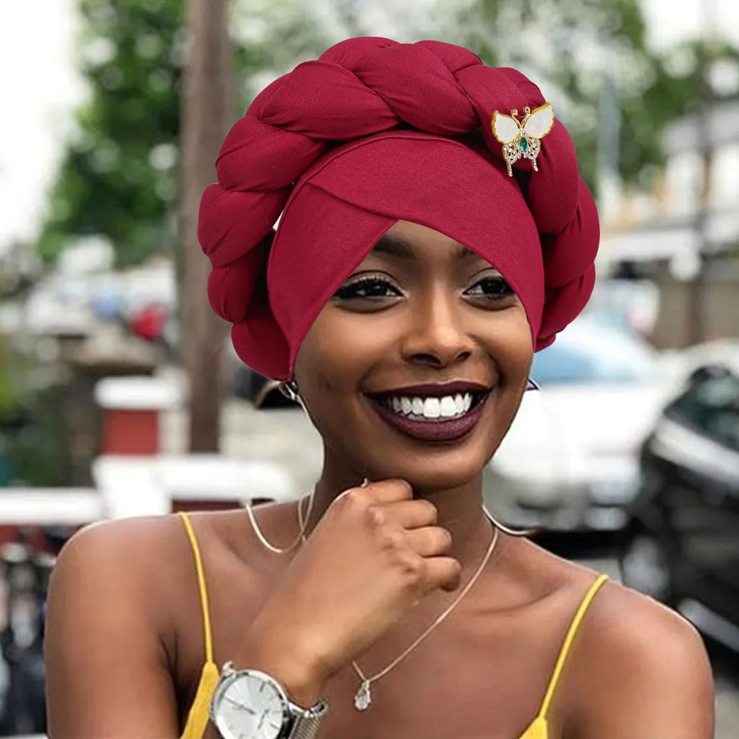 

New Braid Headscarf Hat Fashion Butterfly Exaggerated Turban Bonnet Cap African Auto Gele Headties Muslim Hijab Nigeria Wedding