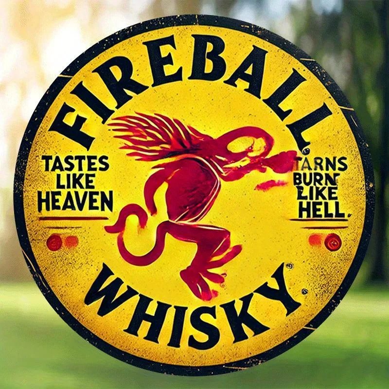 2D 1 قطعة، "Fireball Whisky" علامة معدنية كلاسيكية مستديرة 20.32 سم، لهب الويسكي، للمنزل والفن ديكور الحائط - مثالية للبار